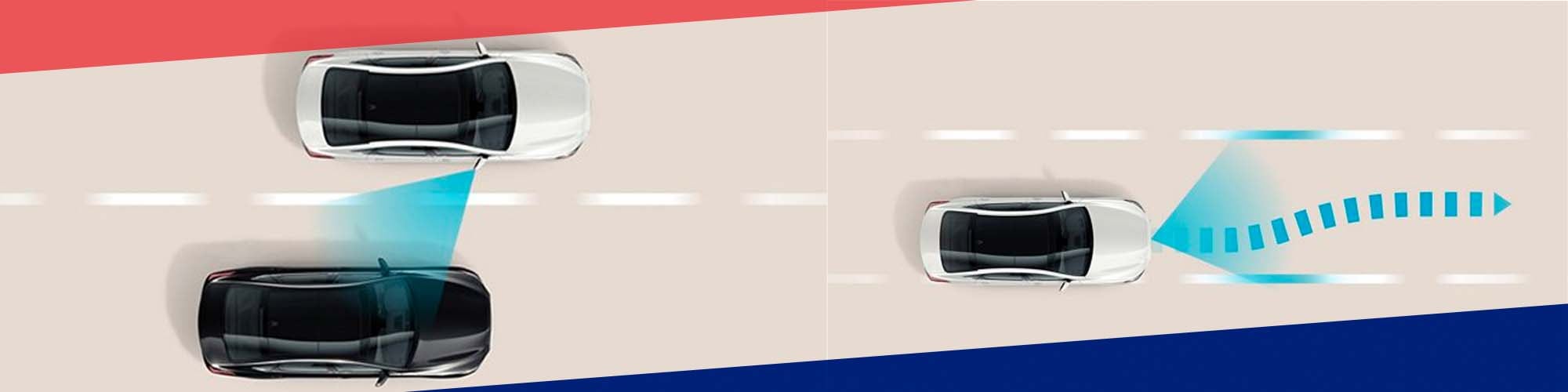 A white car demonstrates rear cross-traffic alert with blue visual indicators showing approaching vehicles.